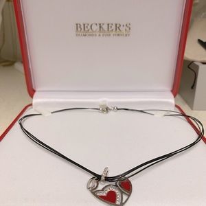 Robert Coin Red Enamel 18k White Gold Diamond & Ruby Heart Pendant.18tw. 15.5”